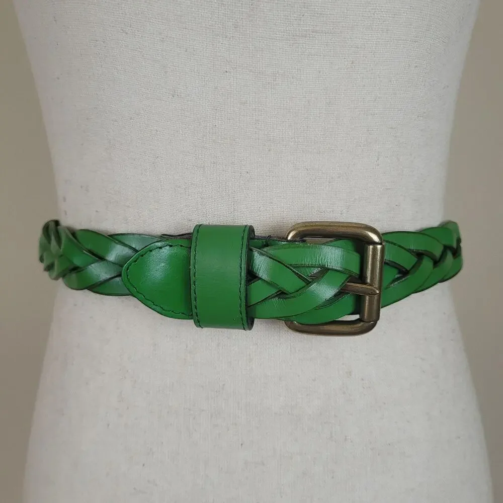 Green Leather Belt Women Medium Braided Woven Boho Minimalist Preppy Cottagecore